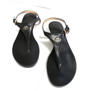Coach Black Leather Vitalia Wedge Thong Sandal Vibram Soles & Padded Footbed 7